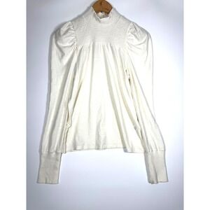 Nation LTD Top Womens Large Ivory Pima Cotton Smocked Neck Puff Sleeve Blouse